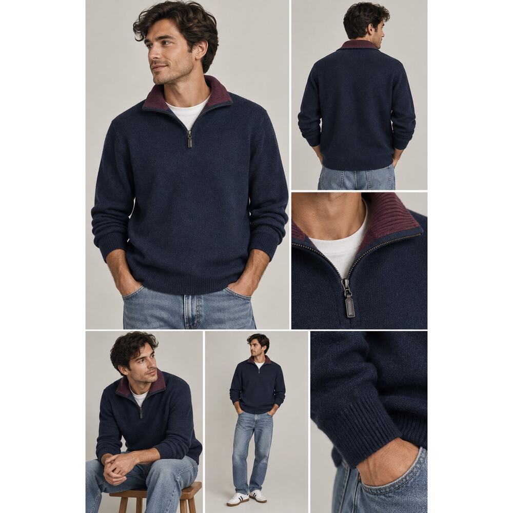 Vintage Mens Quarter Zip JudsonWade 100% Cashmere Sweater XXL Navy Blue Burgundy